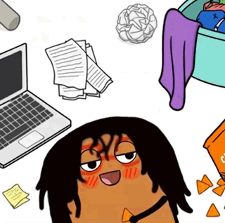 A weary cartoon woman sits amid scattered papers and laundry.