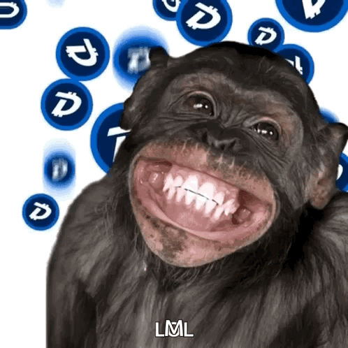 A chimpanzee bares an exaggerated toothy grin against a blue logo backdrop.