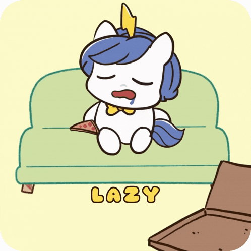 a cartoon of a unicorn sitting on a couch with the word lazy written below it