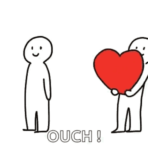 Two simple stick figures hold a large red heart between them with “OUCH!” text.