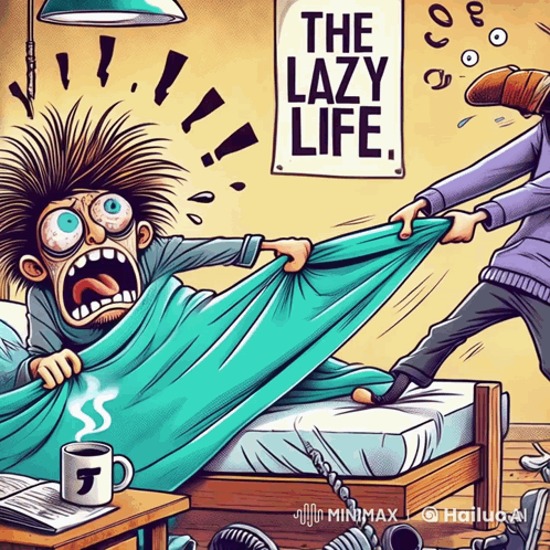 A frantic comic-style figure yanks someone’s blanket, captioned “THE LAZY LIFE.”