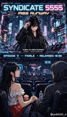 a poster for syndicate 5555 miss runway shows a man and a woman holding hands