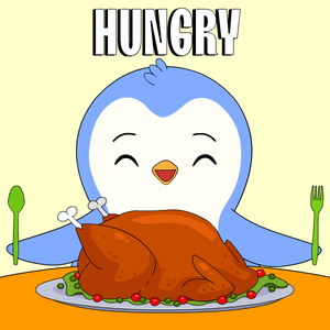 a cartoon penguin is sitting at a table eating a turkey with the word hungry above it
