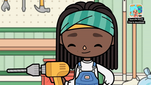 a cartoon of a girl holding a drill with a toco life world app in the background