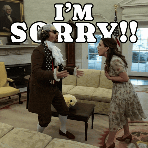 A person dramatically kneels in a living room beneath “I’M SORRY!!” text.