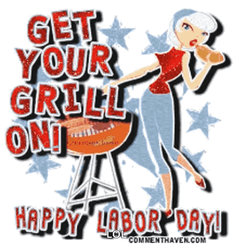 a picture of a woman holding a hot dog with the words get your grill on