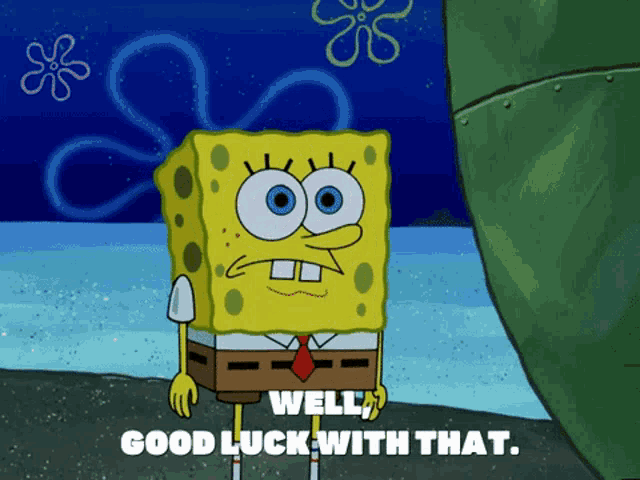 SpongeBob looks nervous and says “WELL GOOD LUCK WITH THAT.”