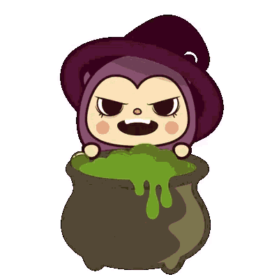 a cartoon witch is sitting in a cauldron of green liquid .