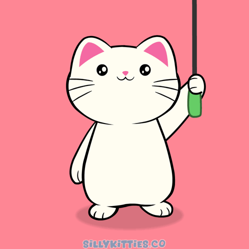A smiling white cartoon cat holds up a green item on a pink background.