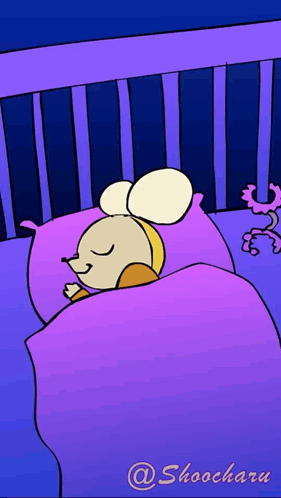 a cartoon of a mouse sleeping in a crib with the name shoochara on the bottom