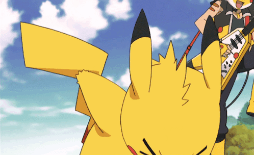 a pikachu is playing a guitar in a cartoon scene