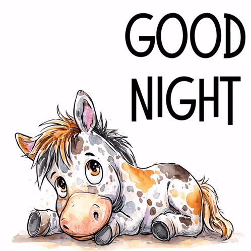 A small illustrated horse sits beneath large “GOOD NIGHT” text on white.