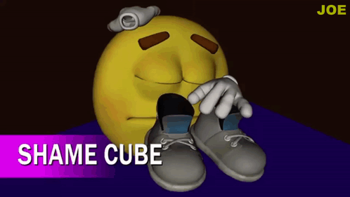 a cartoon of a smiley face with the words " shame cube " above it