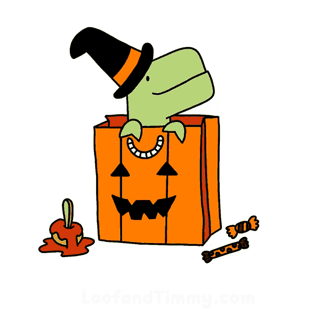 a cartoon of a dinosaur wearing a witch hat coming out of a halloween bag