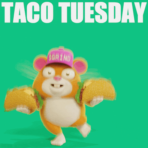 a cartoon hamster is holding two tacos and says taco tuesday on the bottom