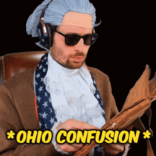 a man wearing a wig and sunglasses is reading a book with the words " ohio confusion " on the bottom