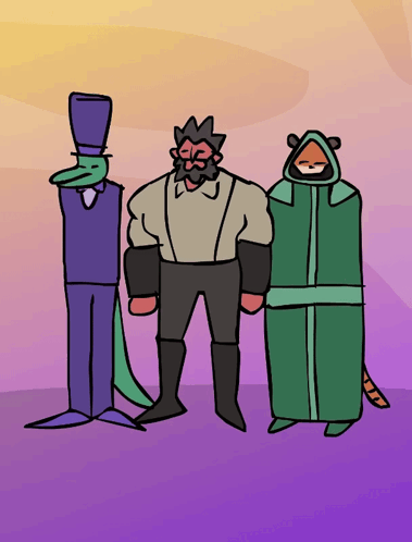 three cartoon characters standing next to each other with one wearing a top hat