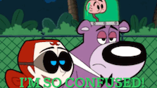 a cartoon character with the words i 'm so confused on the bottom