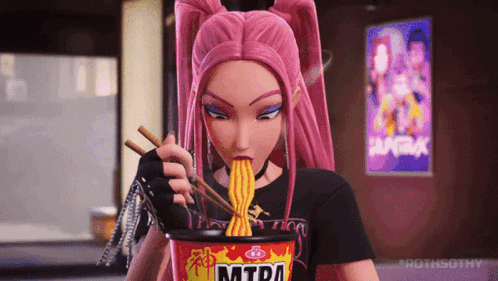 a girl with pink hair is eating noodles with chopsticks from a cup that says mtpa on it
